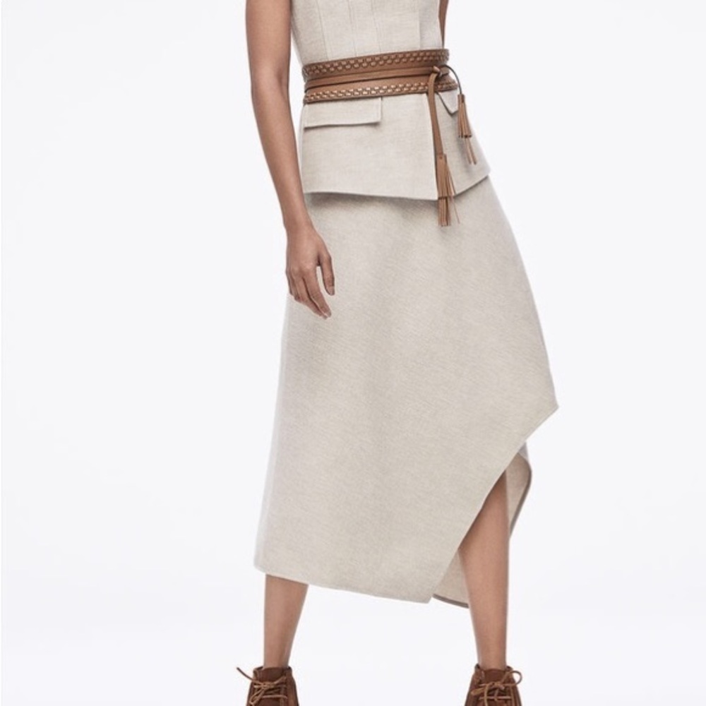 BCBGMaxazria Galina Asymmetrical Dune Taupe Midi Skirt